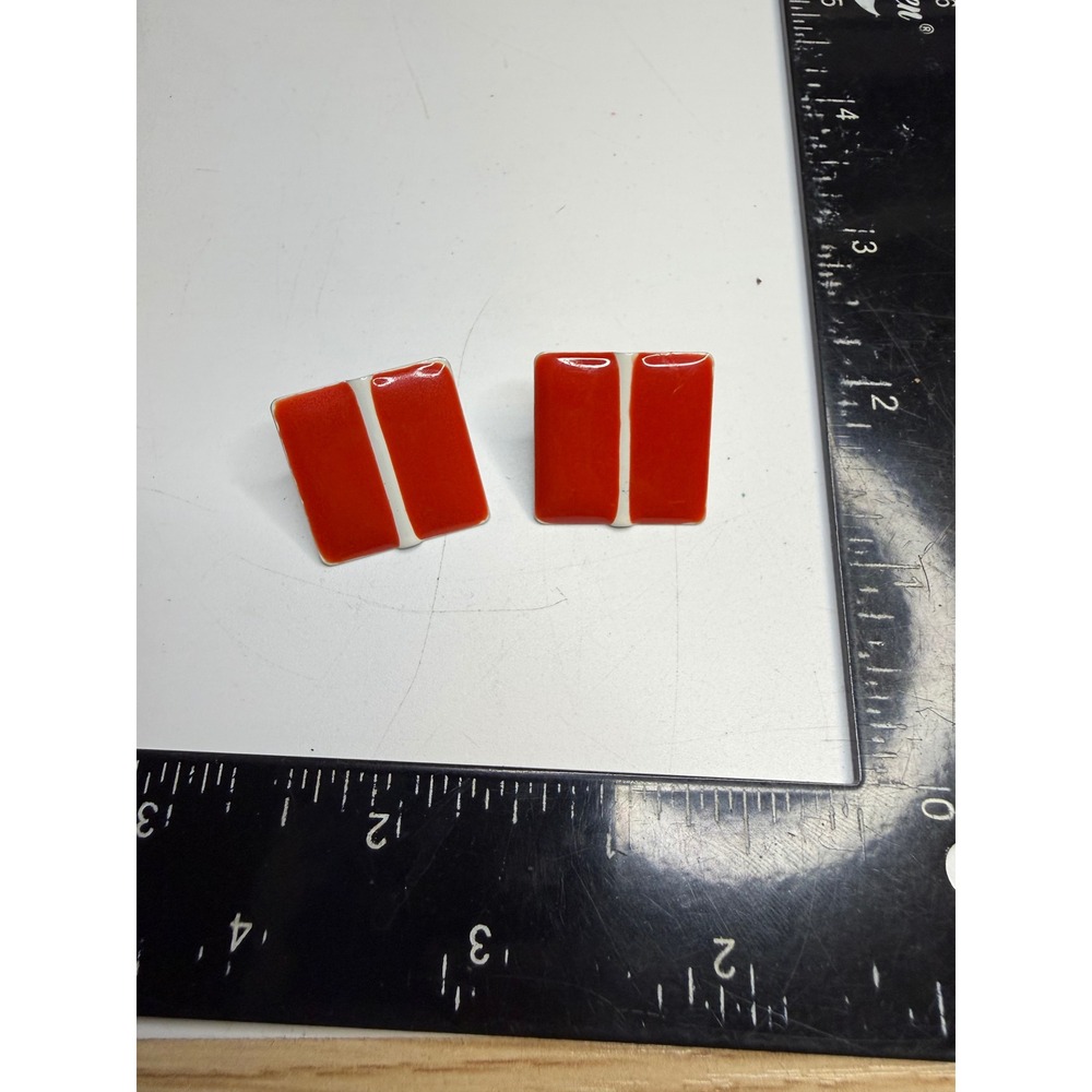 Modernist Red White Enamel Square Stud Earrings Geometric Minimalist Post Backs